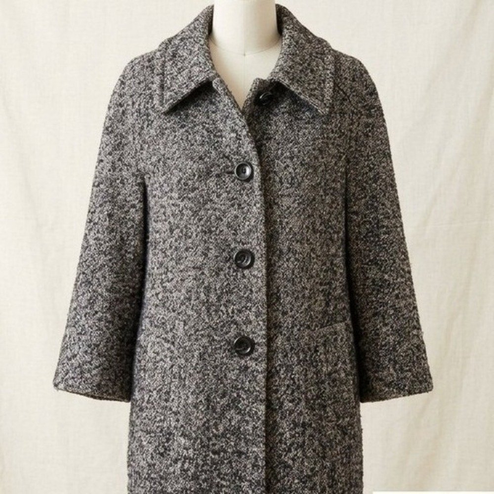 Marella Alpaca Wool Blend Tweed Button Front Mid Length Coat Gray Black M/L 12